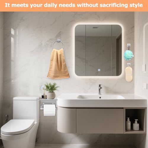 4 Piece Silver Bathroom Hardware Set, Stainless Steel Wall Mounted Towel Hooks, Ring & Oversized Toilet Paper Holder with Shelf, Modern Home Accessories for Bathroom, Washroom, Kitchens and RVs