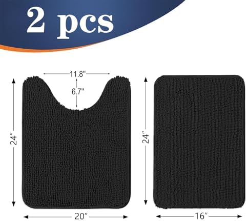 OLANLY Chenille Bathroom Rugs Mats Sets 2 Piece, 24"x16"+24"x20", Black