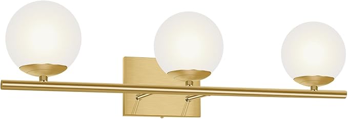 Brushed Brass Bathroom Vanity Light fixtures,24‘’ 3 Lights Modern Globe Glass Shade Wall Sconce for Over Mirror, Damp Rated