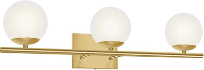 Brushed Brass Bathroom Vanity Light fixtures,24‘’ 3 Lights Modern Globe Glass Shade Wall Sconce for Over Mirror, Damp Rated