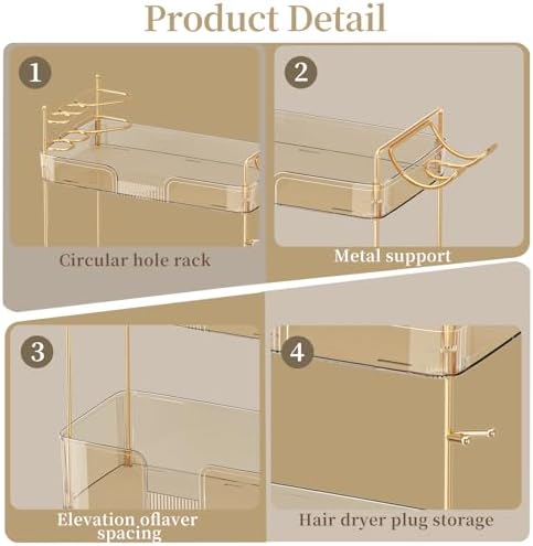 Akinbas 3 Tier Bathroom Organizer Countertop Makeup Perfume Tray Skincare Organizer Comes with Hair Dryer Rack and Toothbrush Holder for Bathroom Dresser Vanity (Gold)