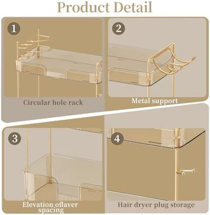 Akinbas 3 Tier Bathroom Organizer Countertop Makeup Perfume Tray Skincare Organizer Comes with Hair Dryer Rack and Toothbrush Holder for Bathroom Dresser Vanity (Gold)