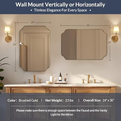 MIRRORART Gold Bathroom Mirror 24x36 Inch, Scalloped Mirrors for Bathroom Sink, Notched Corner Rectangle Mirror in 1’’ Stainless Steel Metal Frame Home Remodel Wall Mount Vertical/Horizontal