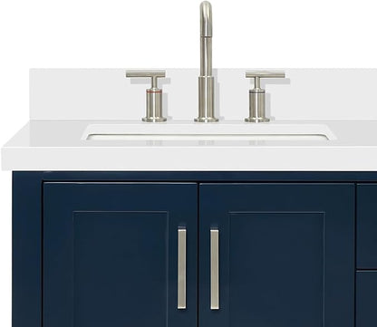 ARIEL Magnolia 60-inch Bathroom Vanity with Sink,Solid Wood, 1.5-inch Pure White Quartz Countertop, Double Rectangular Porcelain Sink, 4 Soft Closing Doors, 3 Dovetail Drawers, Midnight Blue