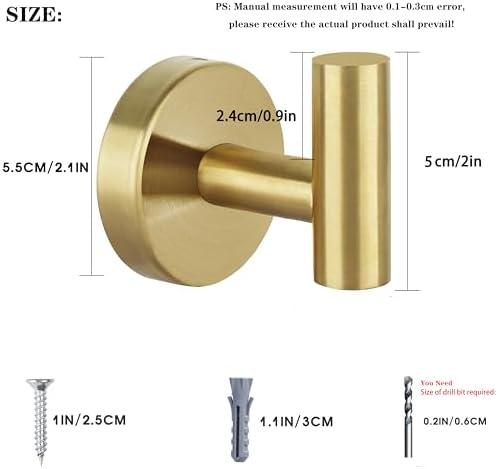 Towel Hooks for Bathroom 2 Packs Screw- in Gold Wall Mount Towel Holder Towel Rack, Heavy Duty Robe Coat Loofah Hooks for Shower, Kitchen,Hotel, Pool Tile, Brick Modern Style Decor Wall Hooks