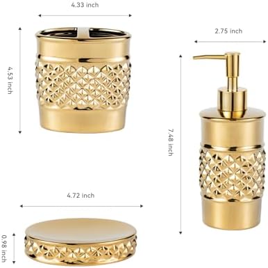 3-Piece Gold Ceramic Bathroom Accessories Set - Luxurious Soap Dispenser, Toothbrush Holder & Soap Dish with Modern Geo Embossed Design for Bathroom Accessory Set