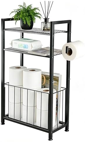 Freestanding Toilet Paper Holder with Storage, Bathroom Shelf Stand