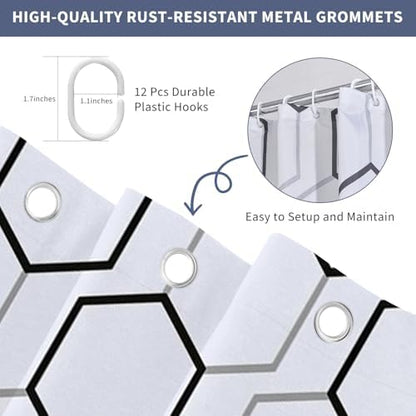 Modern Black and White Hexagon Geometric Shower Curtain, 72"W x 96"L