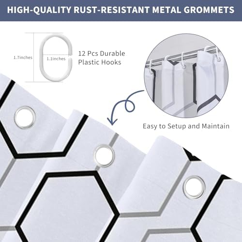 Modern Black and White Hexagon Geometric Shower Curtain, 72"W x 84"L