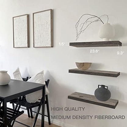 QEEIG Floating Shelves for Wall 23.6" Long - Wall Mounted Shelf Bathroom Kitchen Living Room Bedroom Farmhouse Home Decor Display Bookshelf Large 23.6 x 9.3 inch Set of 2, Grey (008-60GY)