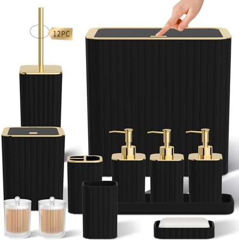 Bathroom Accessory Set - Bathroom Set, 12PC Bathroom Accessories Set, Black Bathroom Accessories Set, Mini Trash Can, Toilet Brush, Trash Can & Soap Dispenser