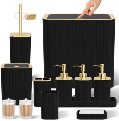 Bathroom Accessory Set - Bathroom Set, 12PC Bathroom Accessories Set, Black Bathroom Accessories Set, Mini Trash Can, Toilet Brush, Trash Can & Soap Dispenser