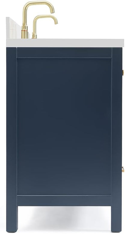 ARIEL Cambridge 60-inch Bathroom Vanity with Sink,Solid Wood, 1.5-inch Pure White Quartz Countertop & Backsplash, Double Oval Porcelain Sink, 4 Soft Closing Doors, 6 Dovetail Drawers, Midnight Blue