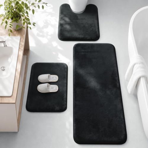 HUXMEYSON 3-Piece Memory Foam Bathroom Rug Set, Black