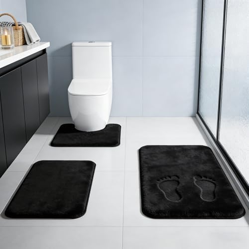 Black Bathroom Rug Set Memory Foam Bath Mats 3 Piece with Toilet Mats, Soft & Supportive, Shock Absorbing, Water Absorbent, Non-Slip Bath Rugs, Machine Washable, Area Rug, Home Decor Accessories