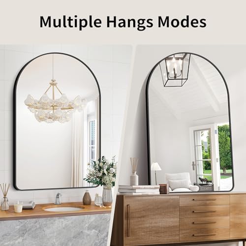 GLASHOM Arched Bathroom Mirror, 30"x48" Black Arched Mirror for Bathroom, Wall Mounted Mirror, Black Vanity Wall Mirror w/Metal Frame for Bedroom, Entryway, Living Room, Vertically Hanging