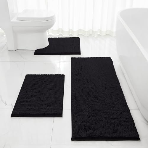 HOMEIDEAS Black Long Chenille Bathroom Rugs Set of 3, Non Slip Bath Mat