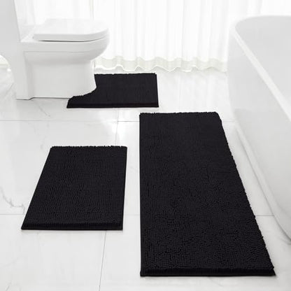 HOMEIDEAS Black Long Chenille Bathroom Rugs Set of 3, Non Slip Bath Mat