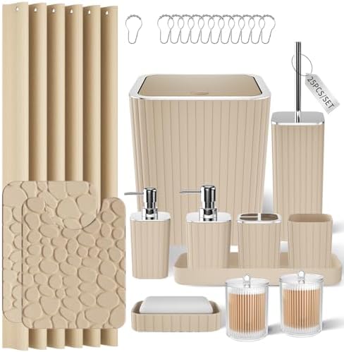 XLHOMO Bathroom Accessories Set - 25PC Bathroom Sets with Shower Curtain and Rugs, Beige Bathroom Set with Trash Can, Soap Dispenser, Soap Dish & Toilet Brush