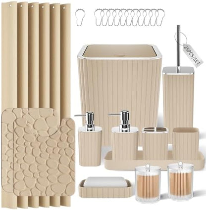 XLHOMO Bathroom Accessories Set - 25PC Bathroom Sets with Shower Curtain and Rugs, Beige Bathroom Set with Trash Can, Soap Dispenser, Soap Dish & Toilet Brush