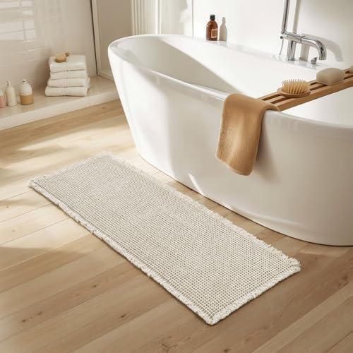 SUBRTEX Waffle Braided Bath Mat, 24" x 60" Soft Waffle Bath Rugs, Absorbent Non Slip Bathrooom Mats, Machine Washable Area Rug for Bathroom, Quick Dry, White