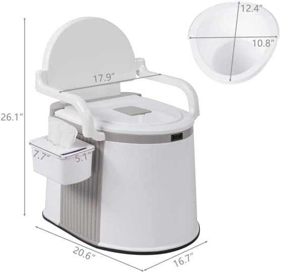 Portable Camping Toilet with 5-Gallon Removable Bucket, Off White | Anti-Slip Base, Side Handrails, Tissue Paper Holder, Water-Free Cleaning, 52.5x42.5x66cm
