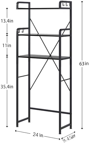Huhote Over-The-Toilet Storage Rack with 3-Tier Shelves, Space Saver Toilet Shelf, Bathroom Storage Organizer with Hooks for Over-Toilet Storage (Black)