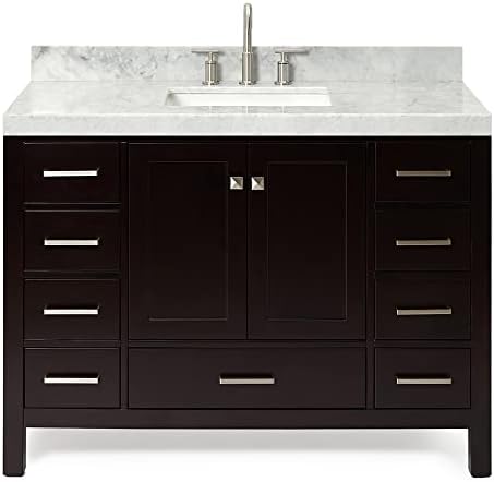 ARIEL Cambridge 48-inch Bathroom Vanity with Sink,Solid Wood, 2-inch Italian Carrara Marble Countertop, Single Rectangular Porcelain Sink, 2 Soft Closing Doors, 9 Dovetail Drawers, Espresso