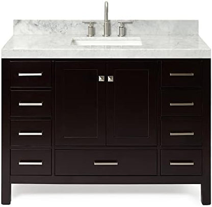 ARIEL Cambridge 48-inch Bathroom Vanity with Sink,Solid Wood, 2-inch Italian Carrara Marble Countertop, Single Rectangular Porcelain Sink, 2 Soft Closing Doors, 9 Dovetail Drawers, Espresso