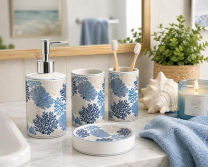 4-Piece Ceramic Bathroom Accessory Set, Blue Coastal Coral Design Soap Dispenser, Toothbrush Holder, Tumbler and Soap Dish, Ocean Sea Fan Bathroom Countertop Decor
