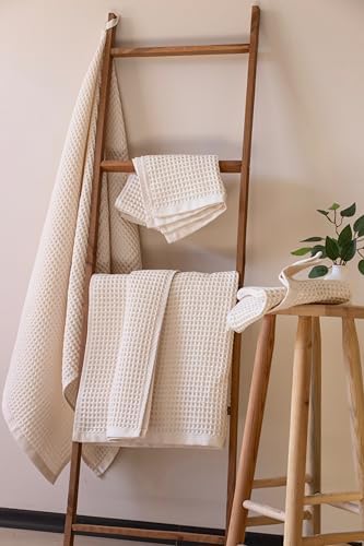 PÜSKÜL Raw-Undyed Natural 100% Turkish Cotton Waffle Towels Set of 4-Piece