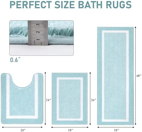Pauwer Bathroom Rugs 3 Piece Set, Non Slip Washable Bath Mat, Light Blue