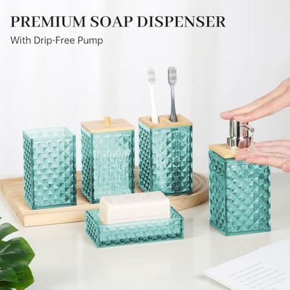 Bathroom Accessory Set, Grid Pattern 5 Pcs Plastic Bathroom Set, Teal
