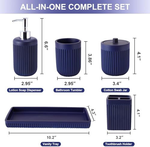 XLHOMO Resin Navy Blue Bathroom Accessories Set 5 Pcs, Lotion Soap Dispenser, Toothbrush Holder, Bathroom Tumbler, Qtip Holder and Vanity Tray, Bathroom Countertop Organizer Set for Modern Apartment