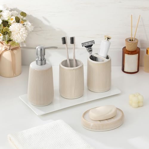 vancasso Ceramic Bathroom Accessories Set 4 Piece, Soap Dispenser with Stainless Steel Pump, Toothbrush Holder, Tumbler and Soap Dish, Modern Relief Design, Bathroom Decor Organizer, Beige-White
