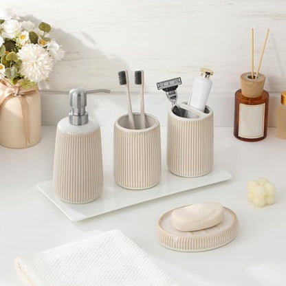 vancasso Ceramic Bathroom Accessories Set 4 Piece, Soap Dispenser with Stainless Steel Pump, Toothbrush Holder, Tumbler and Soap Dish, Modern Relief Design, Bathroom Decor Organizer, Beige-White