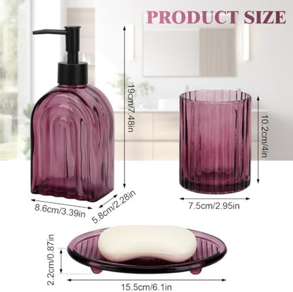Bathroom Accessories Set, 4Pcs Glass Bathroom Accessories Set Complete, 13.5OZ Lotion Soap Dispenser, Toothbrush Holder, Mouthwash Cup, Soap Dish for Bathroom Decor, Countertop Organizer (Purple)