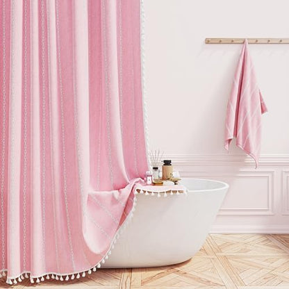 BTTN 72x96 Extra Long Boho Linen Heavy Duty Shower Curtain Set, Blush Pink