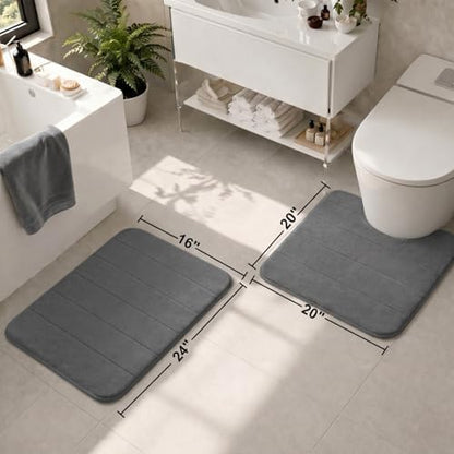 2 Piece Memory Foam Bath Mat Set, Extra Soft Absorbent Bathroom Rugs with U-Shaped Toilet Rug, Non-Slip Backing, Machine Washable, 24x16 + 20x20 U-Shaped, Dark Gray