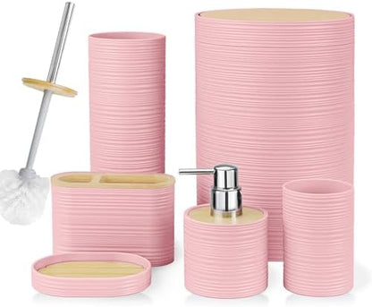 CERBIOR Bamboo Bathroom Accessories Set 6 Piece Spiral Bath Ensemble（Pink）