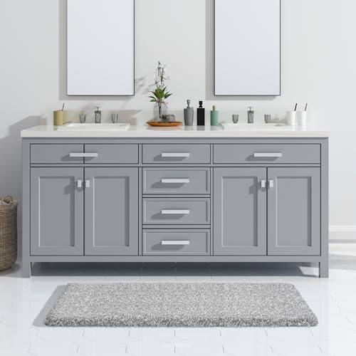 Yimobra Long Bathroom Rug 47" X 24", Super Absorbent Bath Mat, Quick Dry, Luxury Non-Slip Bath Rugs for Tub Side, Double Sink Vanity, Machine Washable, Home Decor Accessories, Light Gray and White