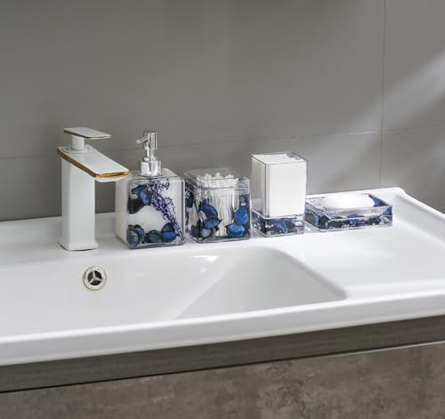 Blue Clear Bathroom Accessories Set,4PCS Flower Acrylic Bathroom Accessory Sets Complete, Lotion Soap Dispenser, Tumbler, Qtip Holder, Soap Dish, Modern Bathroom Décor Set, Gift for Home