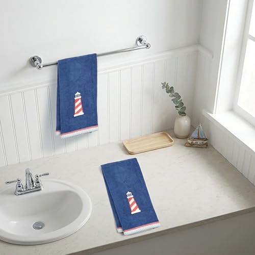 Ritz 2-Piece Cotton Velour Bathroom Hand Towel Set, Embroidered Lighthouse Design, Soft Navy Blue Nautical Decorative Towels for Lake House, Coastal, Beach Home Decor, 16” x 26”