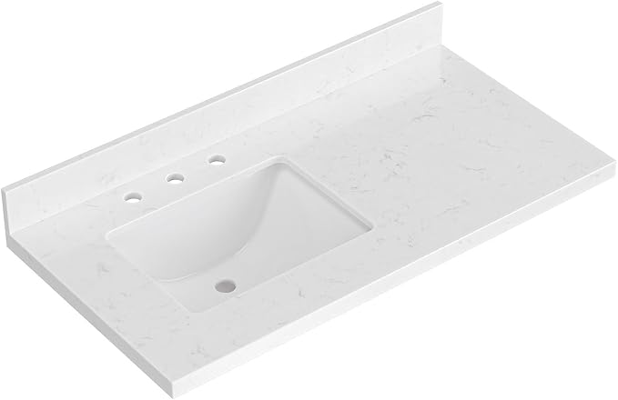 ARIEL 42 inch Bathroom Vanity top with Sink, 1.5 Inch Thick Miter Edge Carrara White Quartz top, Left Offset Vanity top with Rectangle Porcelain Sink, Includes Backsplash