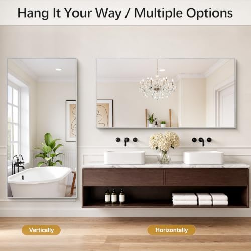 DESBING 30" x 60" Bathroom Mirror, Silver Metal Frame Wall Mirror