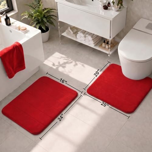 2 Piece Memory Foam Bath Mat Set, Extra Soft Absorbent Bathroom Rugs with U-Shaped Toilet Rug, Non-Slip Backing, Machine Washable, 24x16 + 20x20 U-Shaped, Red