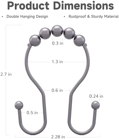 Bathway Shower Curtain Hooks, Shower Curtain Rings Rust Proof Double Hook Shower Curtain Hooks, 12 Pcs Grey Shower Hooks for Shower Curtain, Shower Rings for Curtain, Metal Shower Rod Hooks