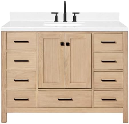 ARIEL Cambridge 48-inch Bathroom Vanity with Sink,Solid Wood, 1.5-inch Carrara White Quartz Countertop, Single Rectangular Porcelain Sink, 2 Soft Closing Doors, 9 Dovetail Drawers, White Oak