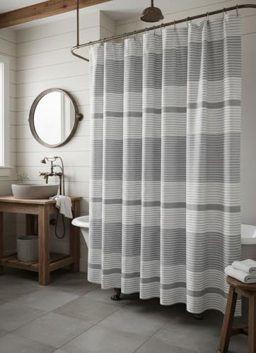 Serafina Home Striped Silver Light Grey Gray & White Cotton Shower Curtain