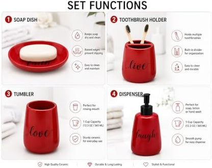 Red Ceramic Bathroom Accessories Set, 4 Piece Farmhouse Bathroom Decor, Soap Dispenser, Toothbrush Holder, Tumbler & Soap Dish, Live Love Laugh Faith Bathroom Countertop Set